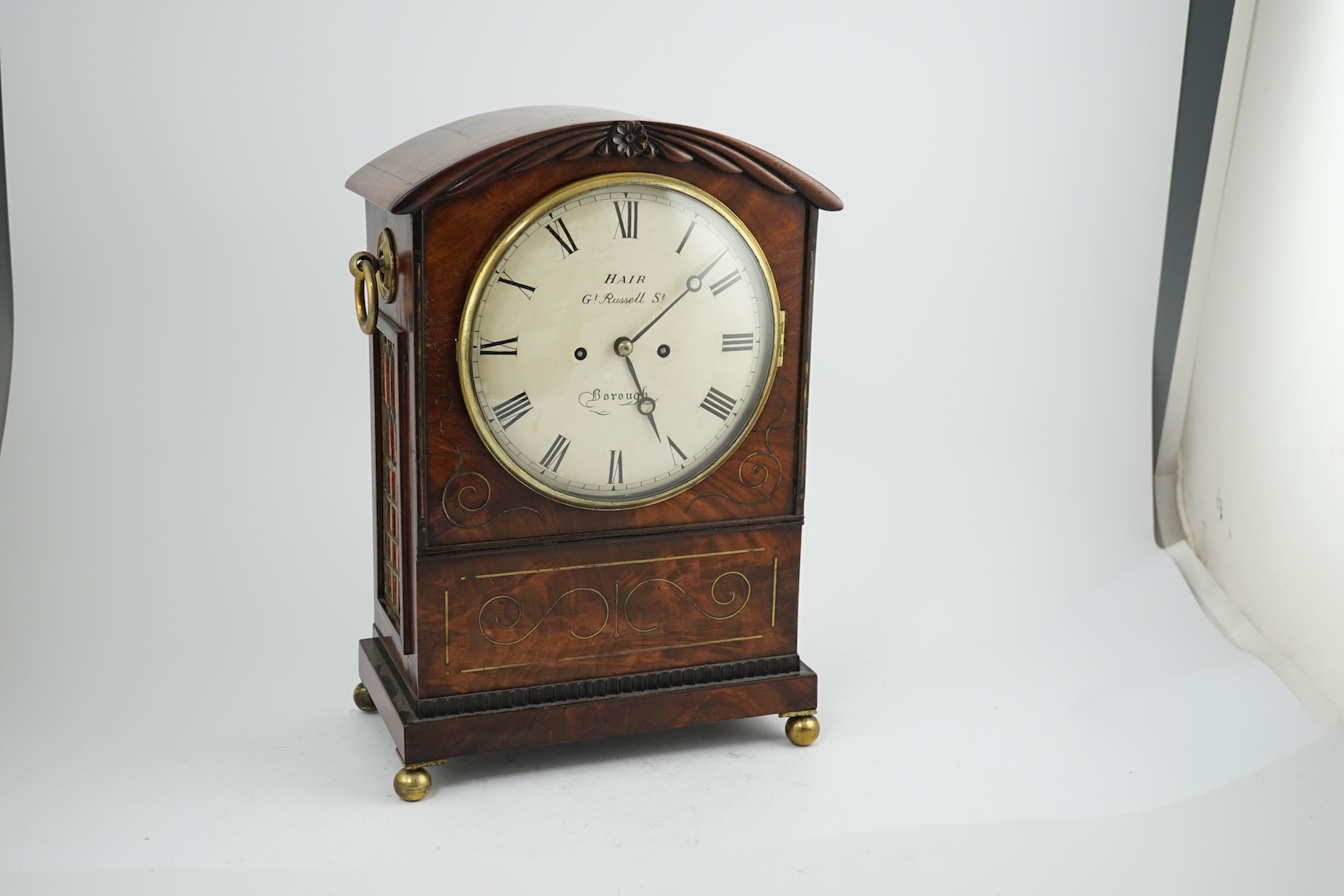 Hair, Gt Russell St. Borough - a Regency brass strung mahogany eight day bracket clock, with painted Roman dial and brass ring handles, unsigned twin fusee movement with anchor escapement, 30cm wide, 17cm deep, 43cm high